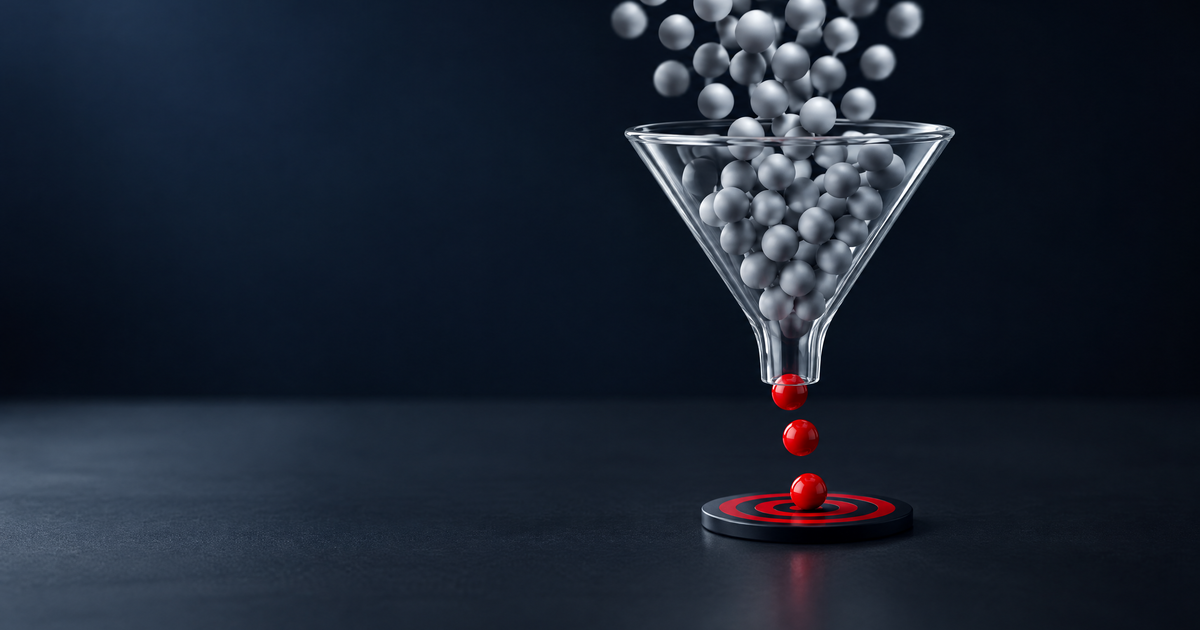 Many grey leads go into a funnel; only three red qualified leads come out onto a target